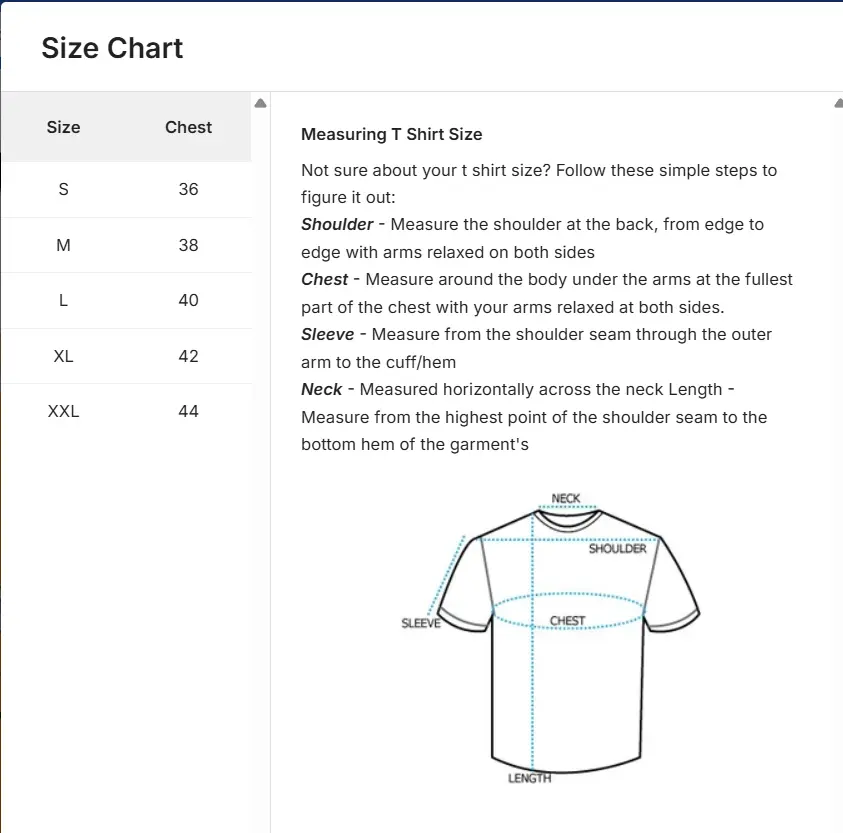 Size Chart for small, medium, large, extra large and double extra large
